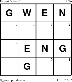 The grouppuzzles.com Easiest Gwen puzzle for  with the first 2 steps marked