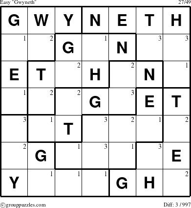 The grouppuzzles.com Easy Gwyneth puzzle for  with the first 3 steps marked