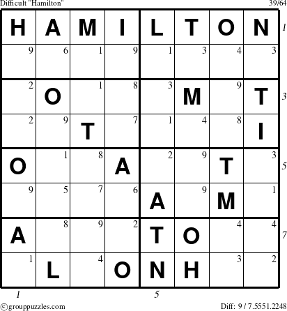 The grouppuzzles.com Difficult Hamilton puzzle for , suitable for printing, with all 9 steps marked