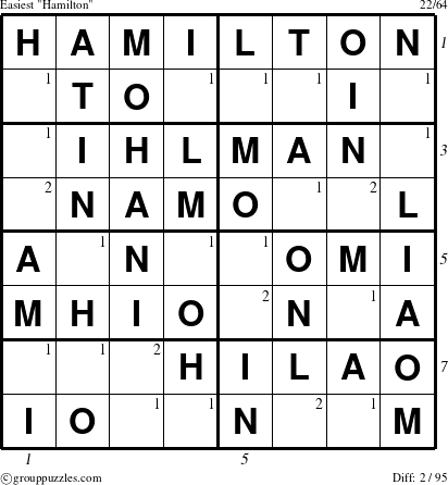 The grouppuzzles.com Easiest Hamilton puzzle for , suitable for printing, with all 2 steps marked