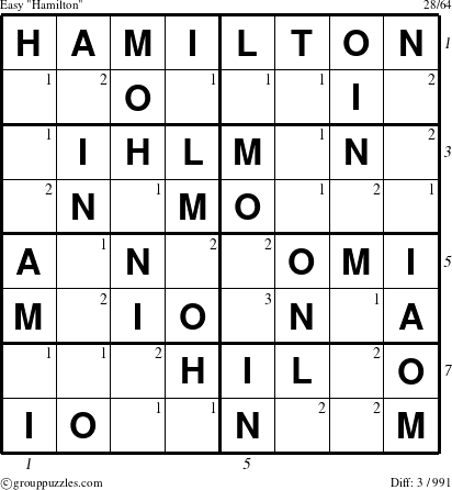 The grouppuzzles.com Easy Hamilton puzzle for , suitable for printing, with all 3 steps marked