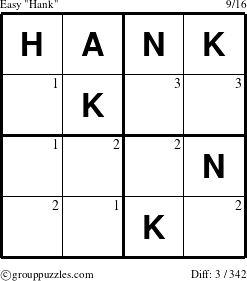 The grouppuzzles.com Easy Hank puzzle for  with the first 3 steps marked