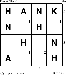 The grouppuzzles.com Easiest Hank puzzle for , suitable for printing, with all 2 steps marked