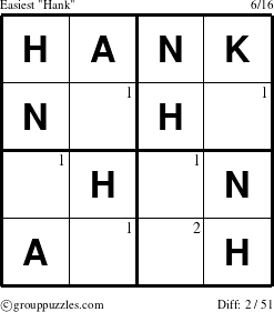 The grouppuzzles.com Easiest Hank puzzle for  with the first 2 steps marked