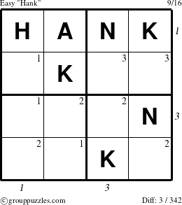The grouppuzzles.com Easy Hank puzzle for  with all 3 steps marked