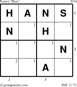 The grouppuzzles.com Easiest Hans puzzle for , suitable for printing, with all 2 steps marked