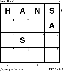 The grouppuzzles.com Easy Hans puzzle for , suitable for printing, with all 3 steps marked