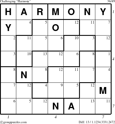 The grouppuzzles.com Challenging Harmony puzzle for , suitable for printing, with all 13 steps marked