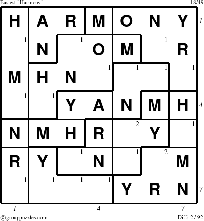 The grouppuzzles.com Easiest Harmony puzzle for , suitable for printing, with all 2 steps marked