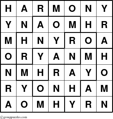 The grouppuzzles.com Answer grid for the Harmony puzzle for 