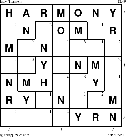 The grouppuzzles.com Easy Harmony puzzle for , suitable for printing, with all 4 steps marked