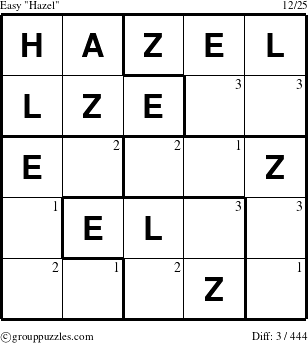 The grouppuzzles.com Easy Hazel puzzle for  with the first 3 steps marked