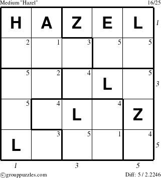 The grouppuzzles.com Medium Hazel puzzle for , suitable for printing, with all 5 steps marked