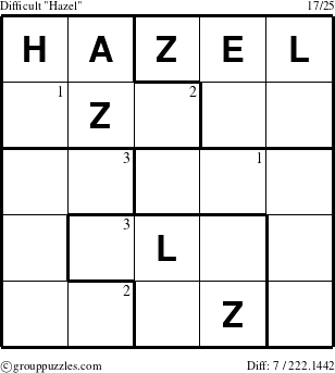 The grouppuzzles.com Difficult Hazel puzzle for  with the first 3 steps marked