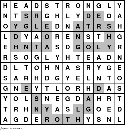 The grouppuzzles.com Answer grid for the Headstrongly puzzle for 