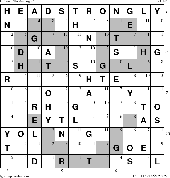 The grouppuzzles.com Difficult Headstrongly puzzle for , suitable for printing, with all 11 steps marked