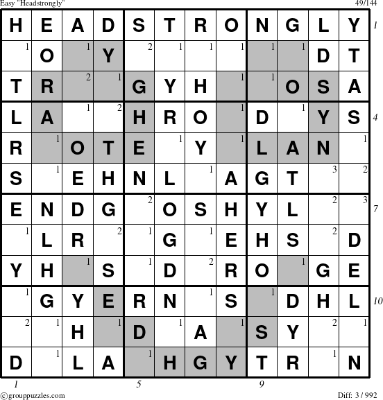 The grouppuzzles.com Easy Headstrongly puzzle for , suitable for printing, with all 3 steps marked