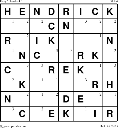The grouppuzzles.com Easy Hendrick puzzle for  with the first 3 steps marked