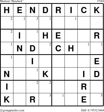 The grouppuzzles.com Medium Hendrick puzzle for  with the first 3 steps marked