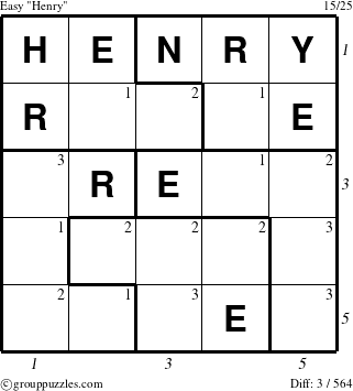 The grouppuzzles.com Easy Henry puzzle for , suitable for printing, with all 3 steps marked