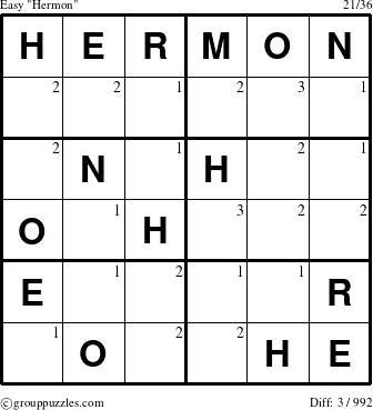 The grouppuzzles.com Easy Hermon puzzle for  with the first 3 steps marked