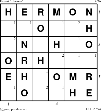 The grouppuzzles.com Easiest Hermon puzzle for  with all 2 steps marked