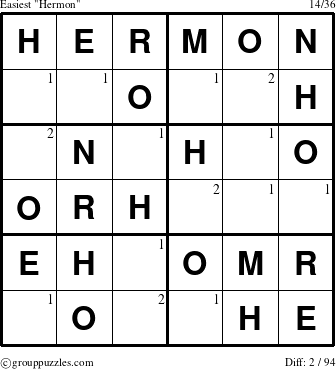 The grouppuzzles.com Easiest Hermon puzzle for  with the first 2 steps marked