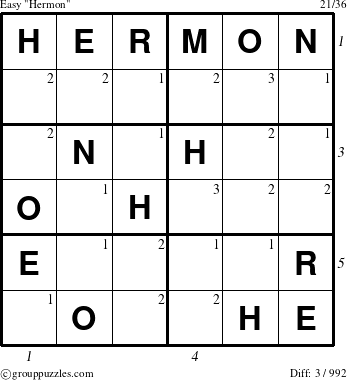 The grouppuzzles.com Easy Hermon puzzle for , suitable for printing, with all 3 steps marked