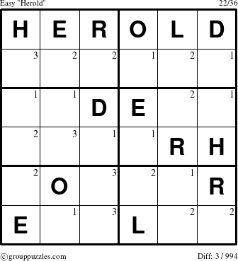 The grouppuzzles.com Easy Herold puzzle for  with the first 3 steps marked