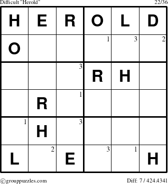 The grouppuzzles.com Difficult Herold puzzle for  with the first 3 steps marked