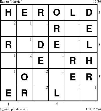 The grouppuzzles.com Easiest Herold puzzle for  with all 2 steps marked