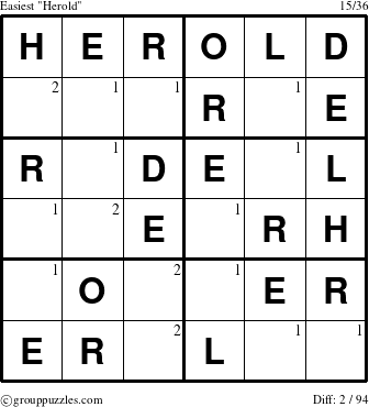 The grouppuzzles.com Easiest Herold puzzle for  with the first 2 steps marked
