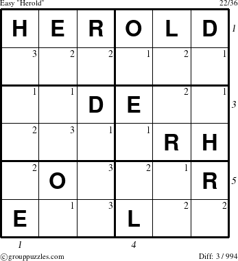 The grouppuzzles.com Easy Herold puzzle for  with all 3 steps marked
