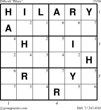 The grouppuzzles.com Difficult Hilary puzzle for , suitable for printing, with all 7 steps marked