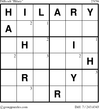 The grouppuzzles.com Difficult Hilary puzzle for  with the first 3 steps marked