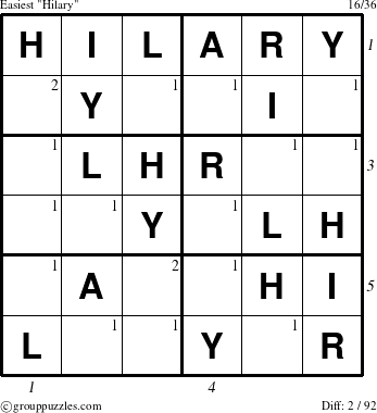 The grouppuzzles.com Easiest Hilary puzzle for , suitable for printing, with all 2 steps marked