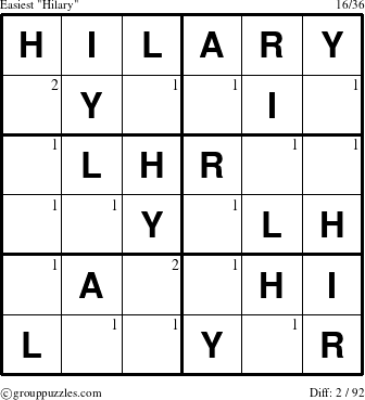 The grouppuzzles.com Easiest Hilary puzzle for  with the first 2 steps marked