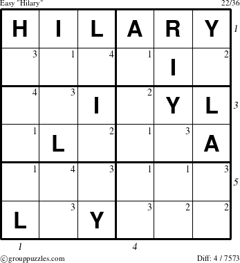 The grouppuzzles.com Easy Hilary puzzle for , suitable for printing, with all 4 steps marked