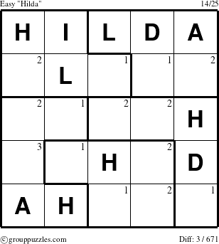 The grouppuzzles.com Easy Hilda puzzle for  with the first 3 steps marked