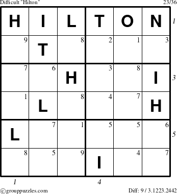 The grouppuzzles.com Difficult Hilton puzzle for , suitable for printing, with all 9 steps marked