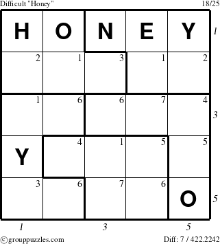 The grouppuzzles.com Difficult Honey puzzle for , suitable for printing, with all 7 steps marked