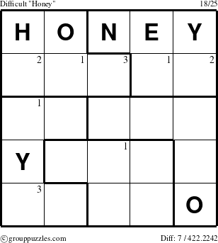 The grouppuzzles.com Difficult Honey puzzle for  with the first 3 steps marked