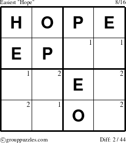 The grouppuzzles.com Easiest Hope puzzle for  with the first 2 steps marked