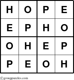 The grouppuzzles.com Answer grid for the Hope puzzle for 