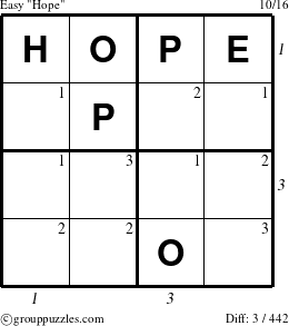 The grouppuzzles.com Easy Hope puzzle for , suitable for printing, with all 3 steps marked