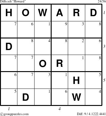 The grouppuzzles.com Difficult Howard puzzle for , suitable for printing, with all 9 steps marked