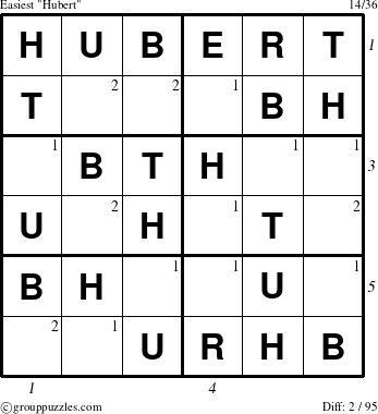The grouppuzzles.com Easiest Hubert puzzle for  with all 2 steps marked