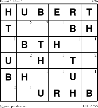 The grouppuzzles.com Easiest Hubert puzzle for  with the first 2 steps marked