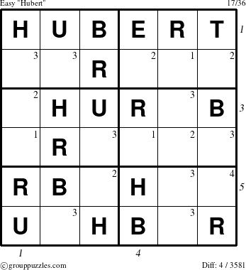 The grouppuzzles.com Easy Hubert puzzle for  with all 4 steps marked