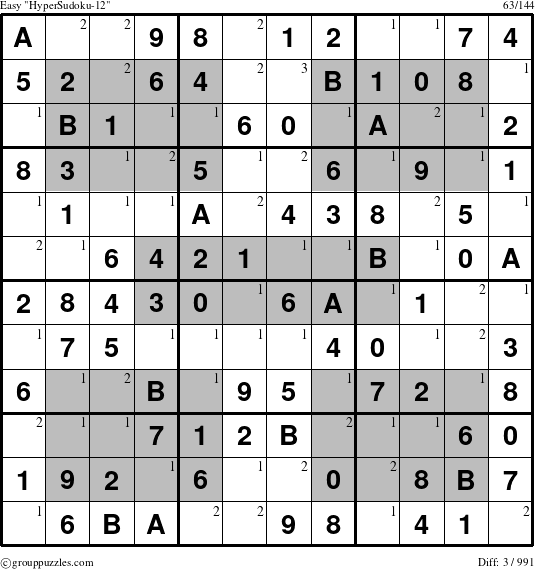 The grouppuzzles.com Easy HyperSudoku-12 puzzle for  with the first 3 steps marked